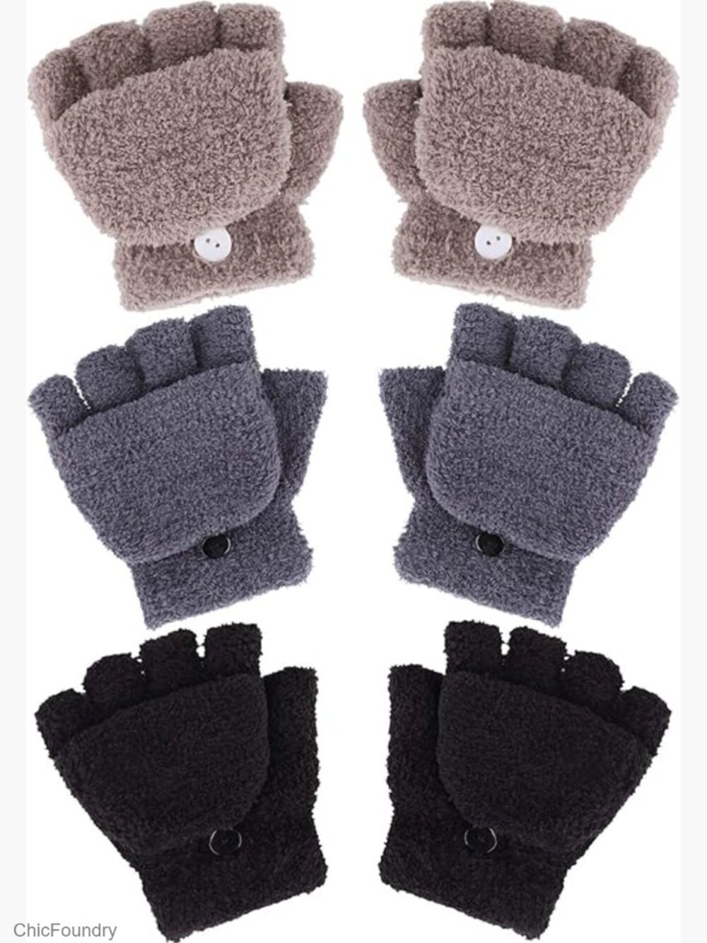 3 Pack Kids Fingerless Convertible Gloves Flip Top Mittens Winter Soft Knit